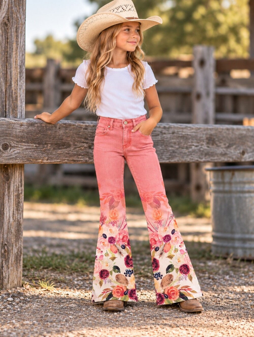 RANCH DRESS'N Fallon Taylor Youth Tooled Floral Leather flare/Bootcut jeans sz 7